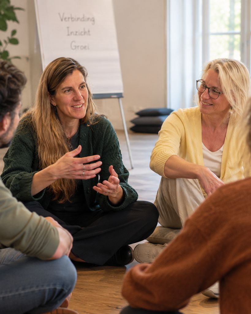 Willemien en Marelde in gesprek met deelnemers in een kring